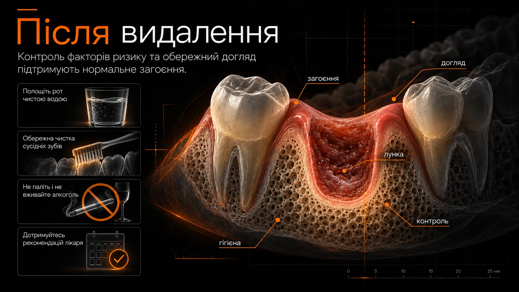 Мінімалістична стоматологічна інфографіка післяопераційного догляду та профілактики сухої лунки