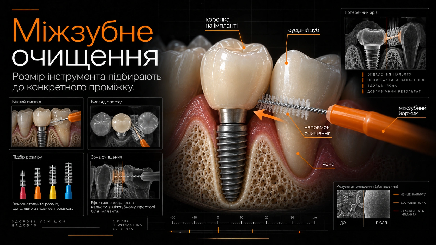 Зубний імплант і міжзубний йоржик у схемі очищення проміжку біля коронки